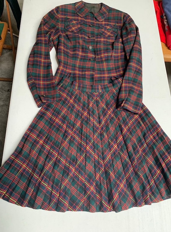 Vintage 60s Wool Plaid Pleated Skirt & Jacket Set… - image 1