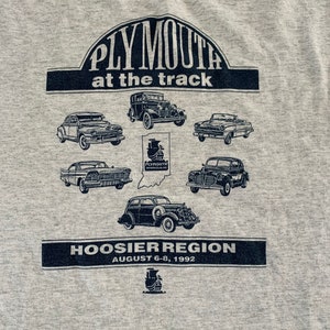 vintage Plymouth Owners Club à la piste 1992 Hoosier Region T Shirt Screen Stars Made in USA