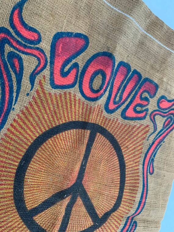 Vintage 60s 70s Love & Peace Painted Burlap Sack Original 23 X 36