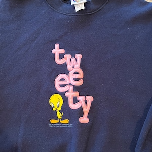 Vintage Looney Tunes Tweety Bird Crewneck Sudadera Tamaño Medio impresionante Gráfico bordado