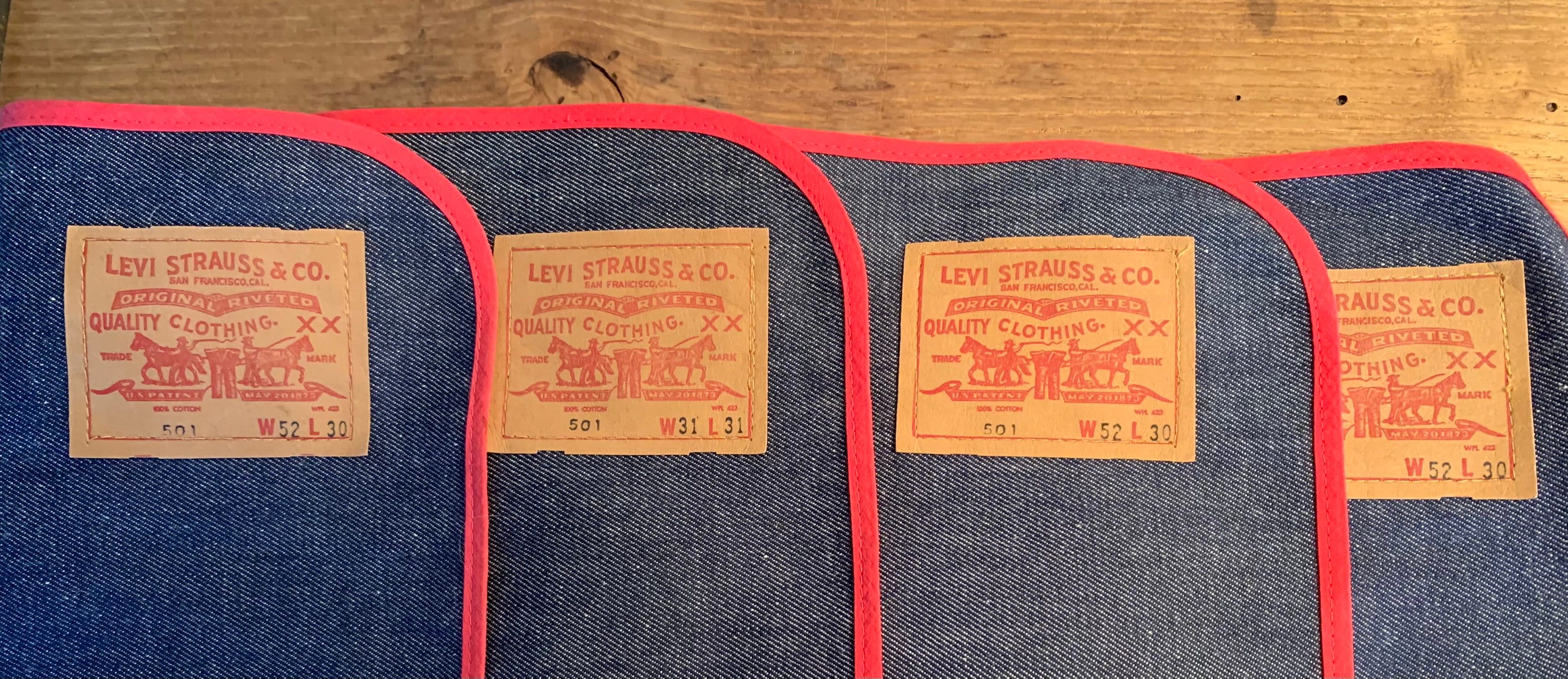 Vintage LEVIS Blue Jeans Big E 501 Placemats Red Bandanas Vintage LEVIS Blue Jeans Big E 501 Placemats Red Bandanas