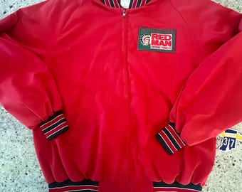 Vintage 70er Jahre Red Man Kautabakjacke mit tollem, gesticktem Aufnäher, Größe L, hochwertige Qualität, hergestellt in den USA