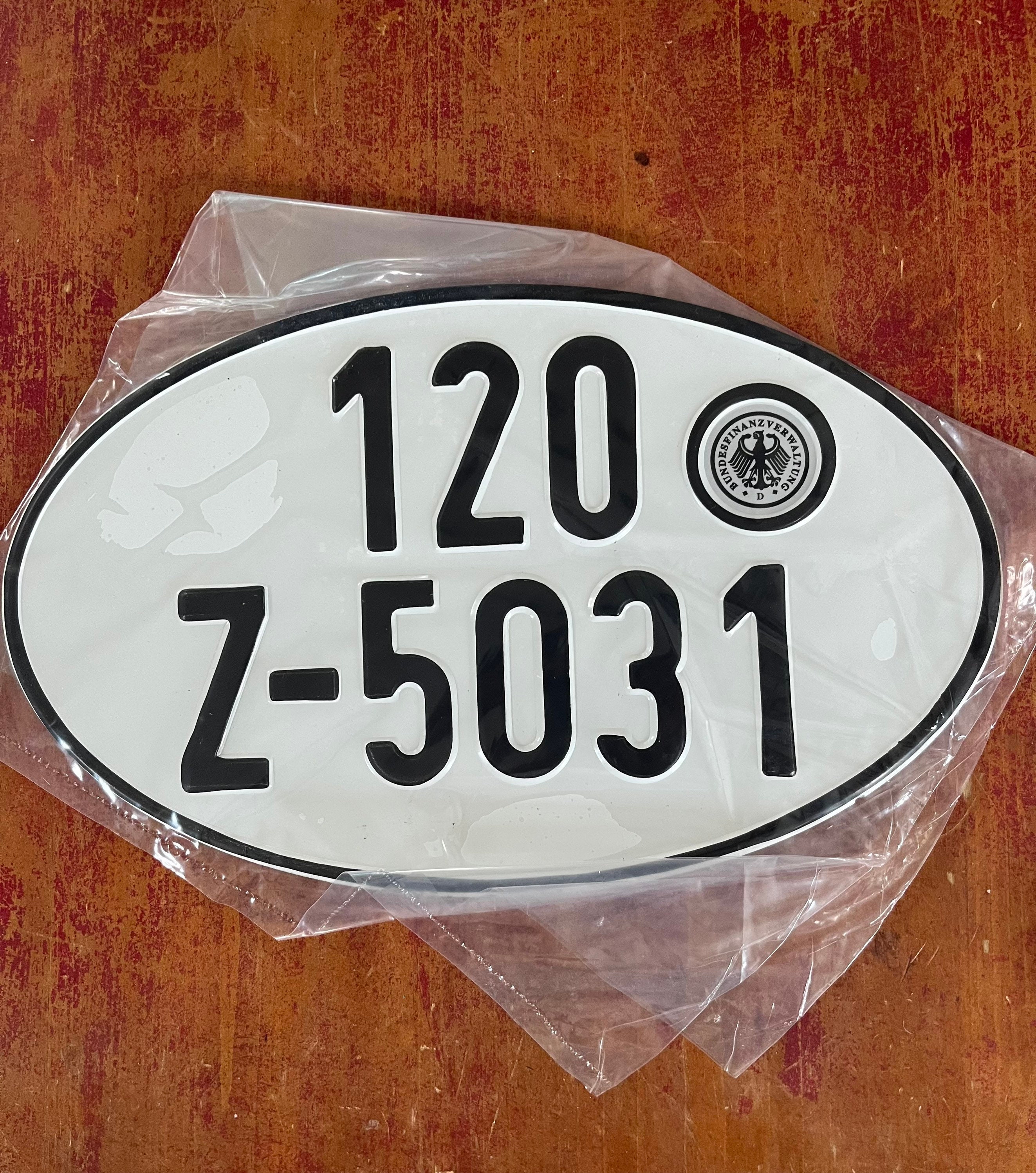 Vintage German Oval Import License Plate Black on White 120 Z