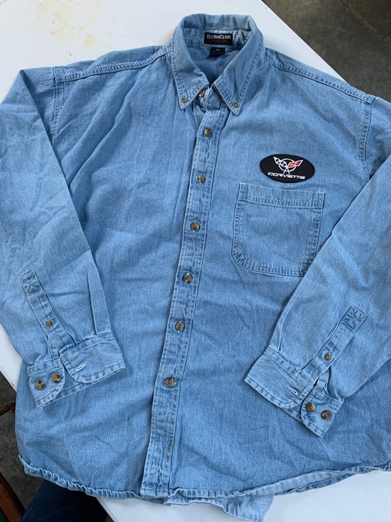 Vintage Chevy Corvette Blue Denim Shirt Size 2XL … - image 2