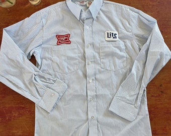 Vintage Miller High Life & Miller Lite Brewing Company Beer Delivery Man Shirt Pin Stripes Long Sleeves Button Down Collar Size Mens Medium