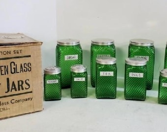 Antique 1930s Emerald Green Glass Pantry Jars Canister Set of 10 Owens Illinois Original Box