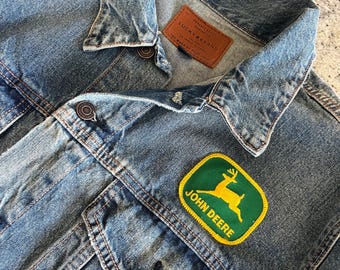 Chaqueta vaquera vintage John Deere con parches bordados de calidad en ambos lados, talla XL