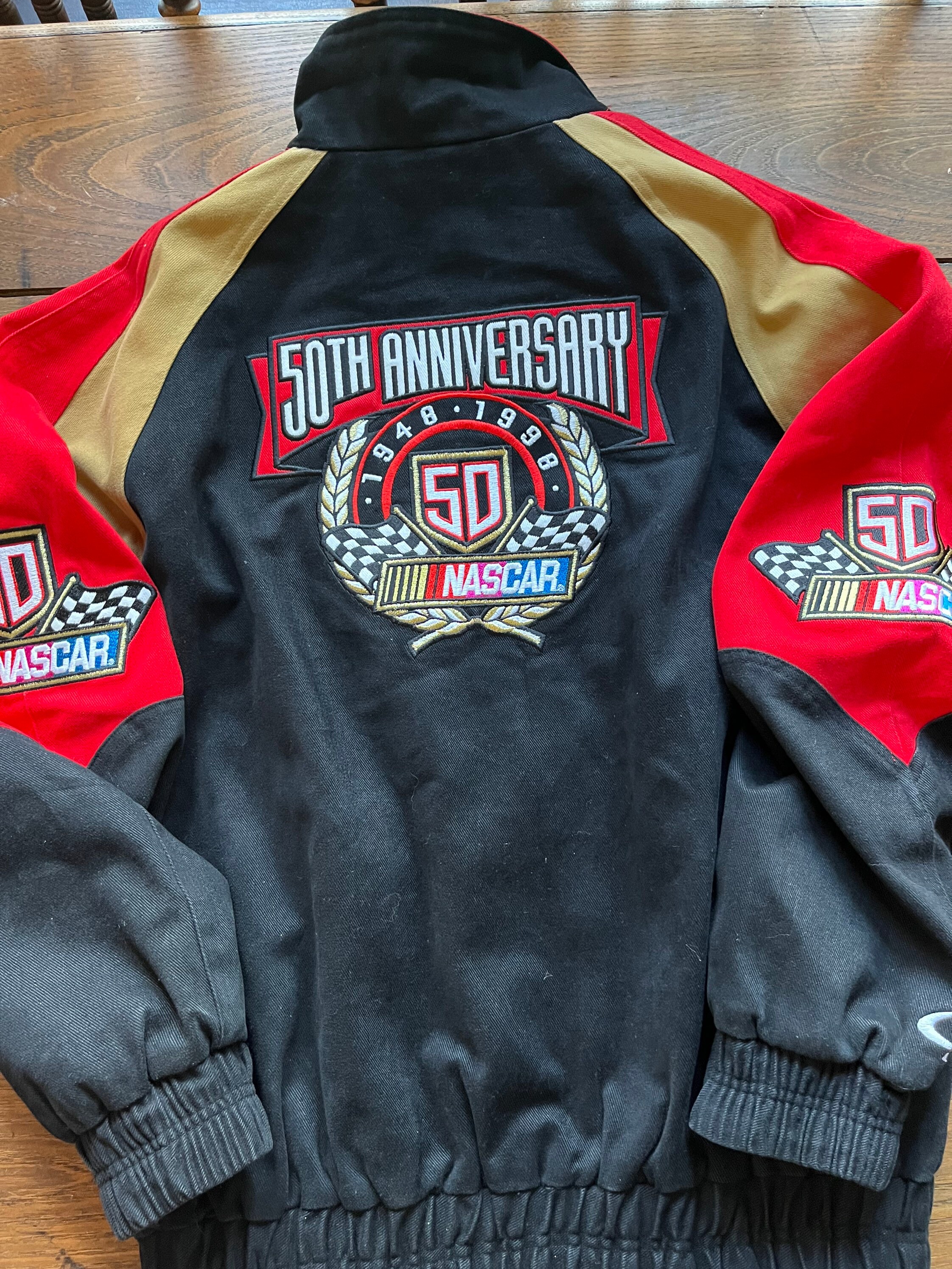 Vintage Nascar 50th Anniversary Jacket 1948 - 1998 Size Medium Black Red Tan Nice