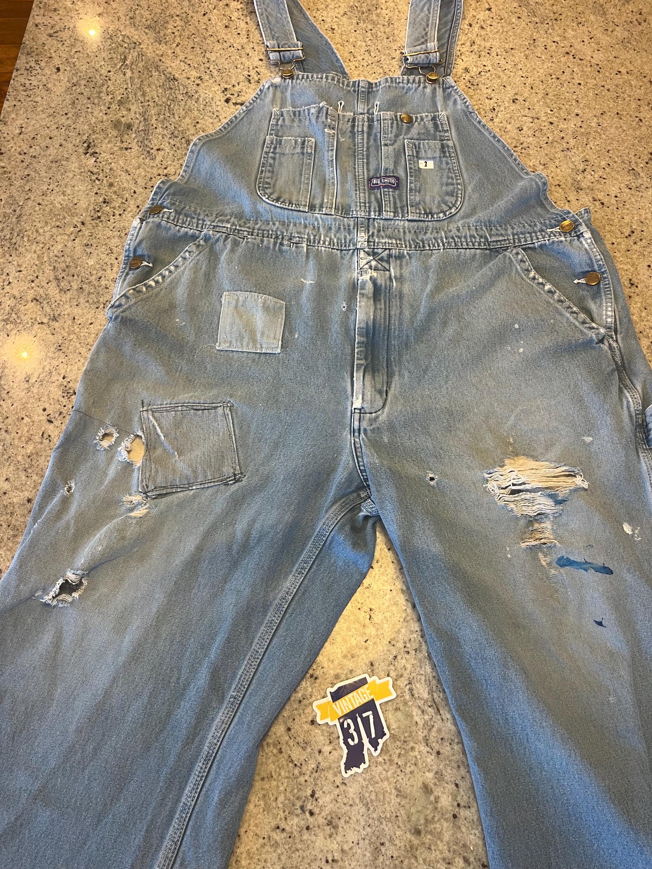 Vintage Big Smith Denim Bib Overalls Size 40 X 28 Distressed