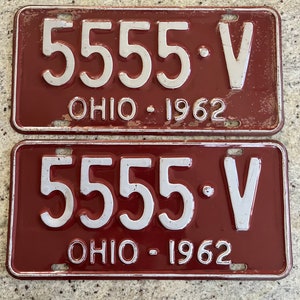 Vintage 1962 Pair of Ohio License Plates Embossed Dark Red or Maroon & White 5555 V