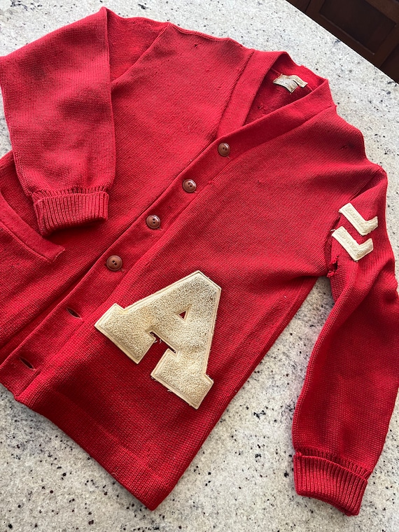 Vintage 1940s 1950s High School Letter Sweater Cardigan A Red