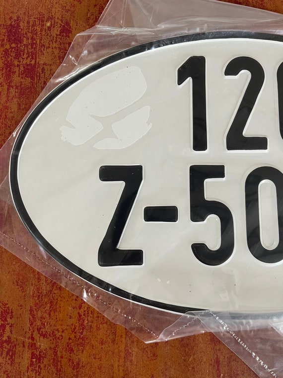 Vintage German Oval Import License Plate Black on White 120 Z