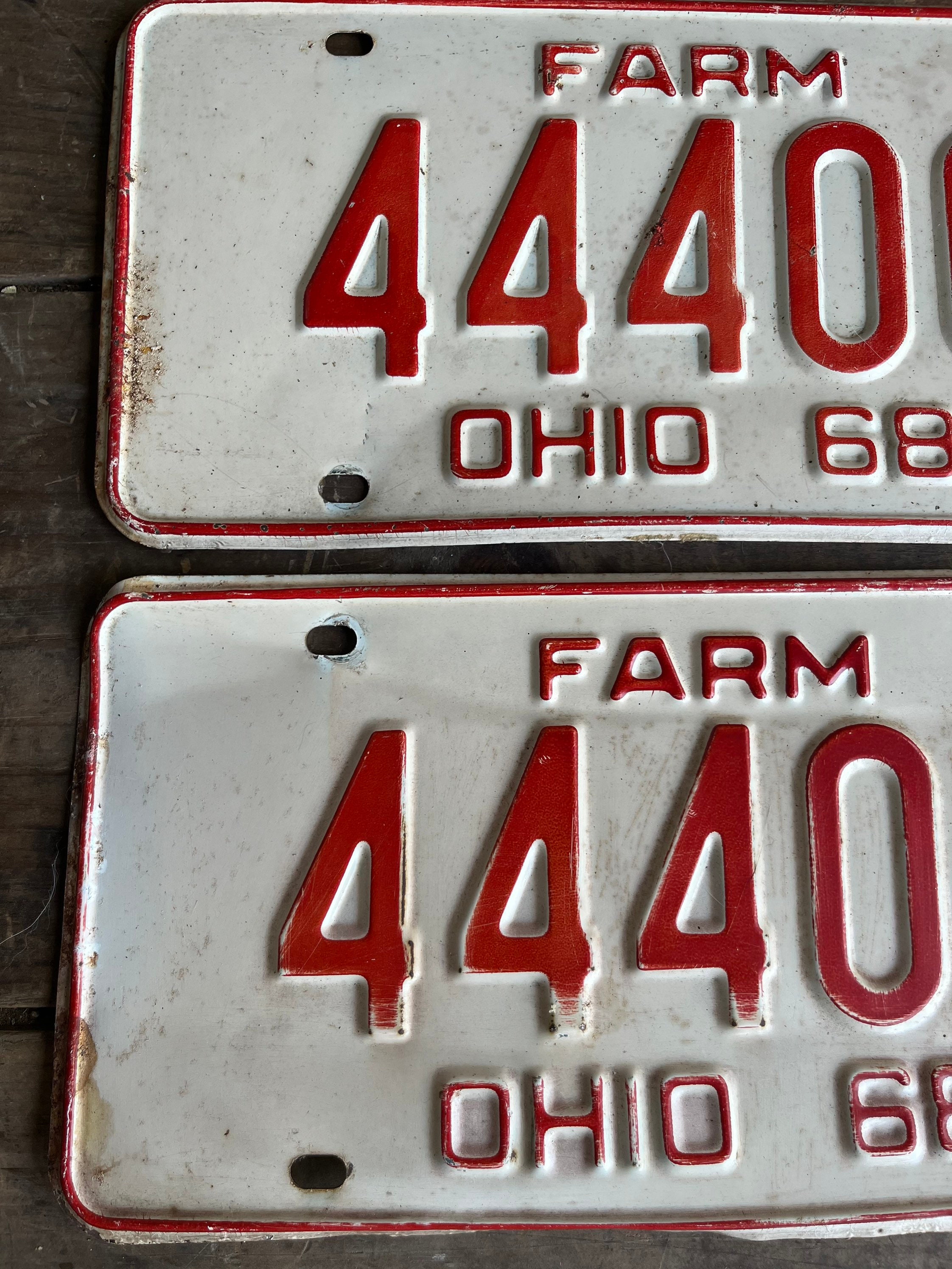 Vintage Pair of 1968 Ohio Farm License Plates 44406 Red on White