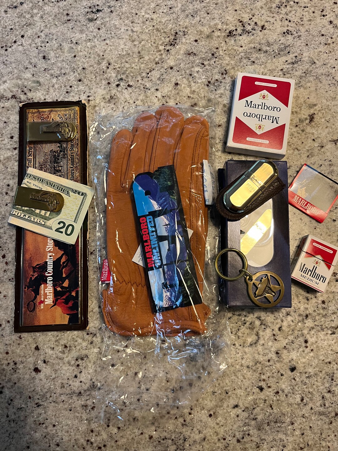 Vintage 90s Marlboro Gift Package Brass Lighter, Leather Gloves