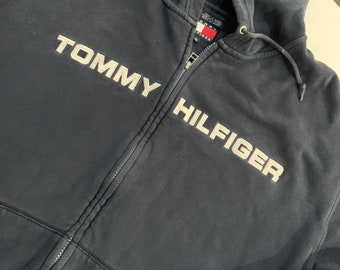 Vintage Tommy Hilfiger Full Zip Hoodie Sweatshirt Size XL Dark Blue Spellout