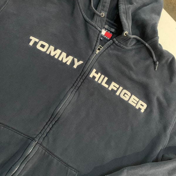 Vintage Tommy Hilfiger Full Zip Hoodie Sweatshirt Size XL Dark Blue Spellout