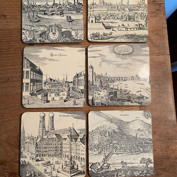 Vintage Set of 6 Germany Cities Drink Coasters   Stunning Details Works of German Art