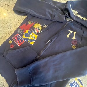 May include: A dark navy blue zip-up hoodie featuring a hood with the text Disney World. The front displays colorful patches including Mickey Mouse, Animal Kingdom, and the number 71. A small tag with the text VINTAGE 317 is attached to the bottom corner.