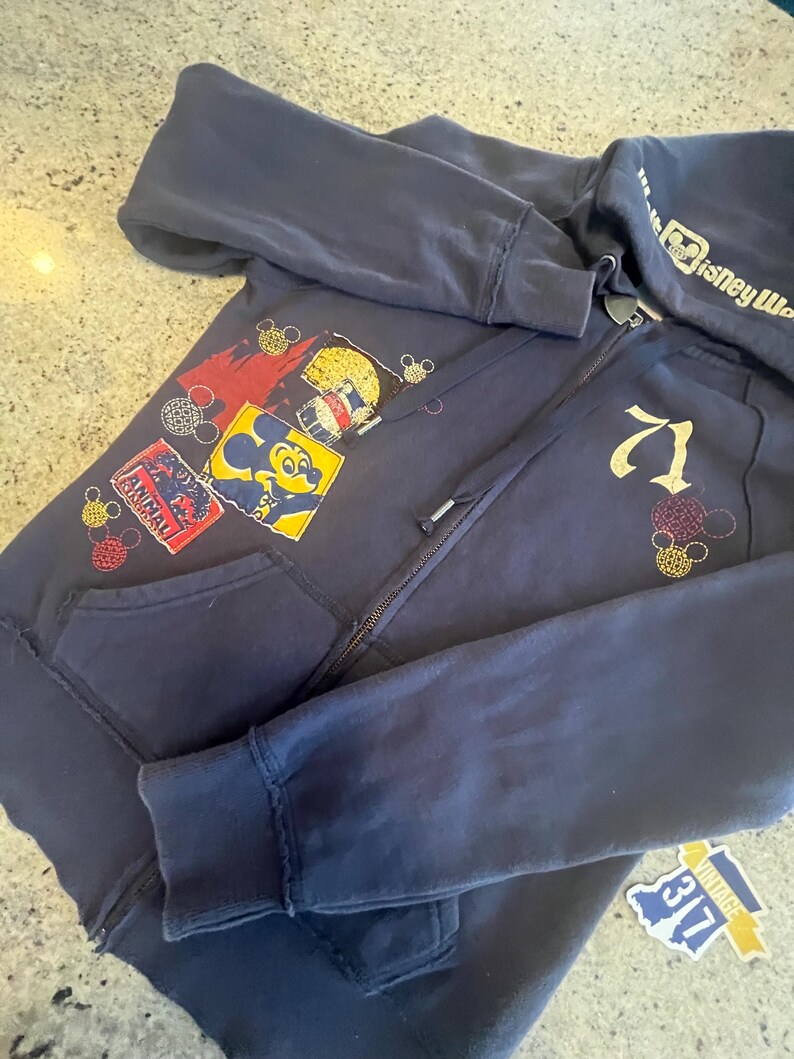 May include: A dark navy blue zip-up hoodie featuring a hood with the text Disney World. The front displays colorful patches including Mickey Mouse, Animal Kingdom, and the number 71. A small tag with the text VINTAGE 317 is attached to the bottom corner.