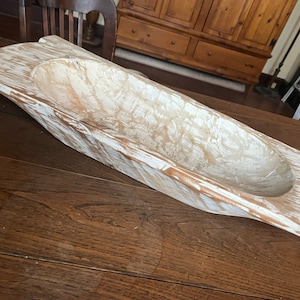 Vintage Large Wooden Hand Carved Whitewashed Dough Bowl European Style with Handles 26 “ long X 11 1/2” wide X 4” deep