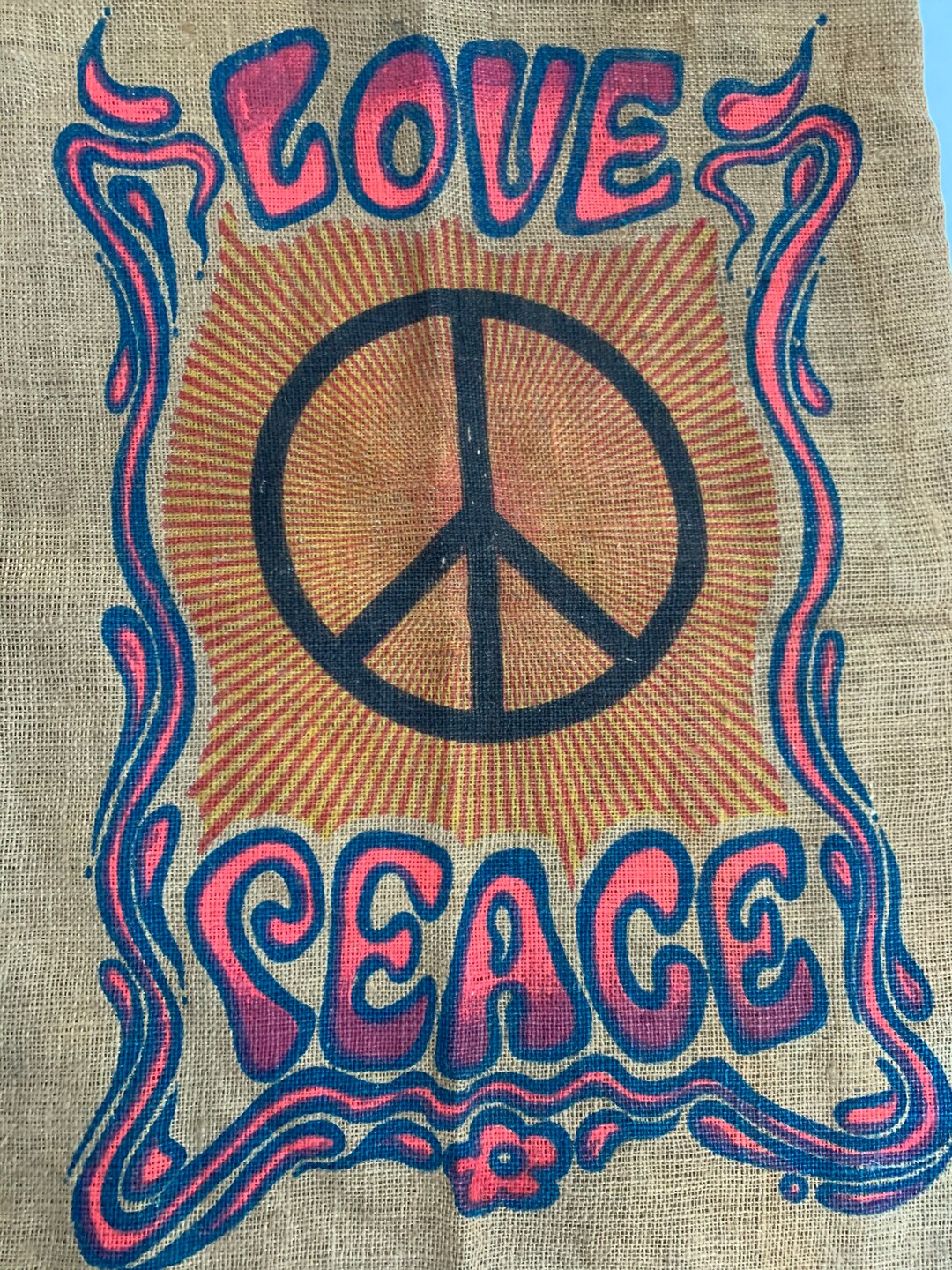 Vintage 60s 70s Love & Peace Painted Burlap Sack Original 23 X 36