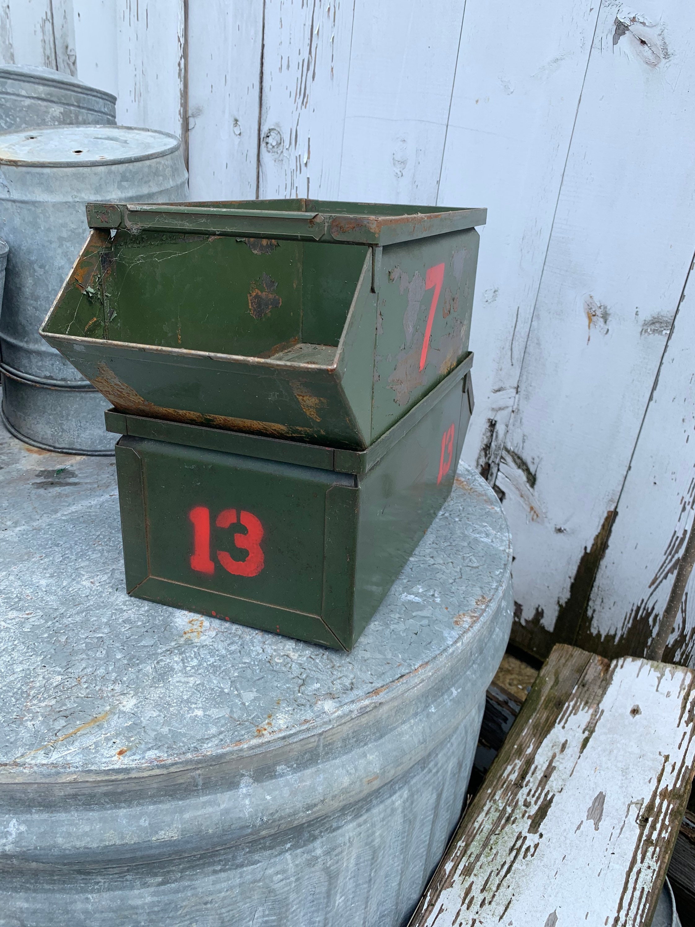 Lot Of 2 Vintage Green Industrial Metal Storage Bins StackBin Etsy
