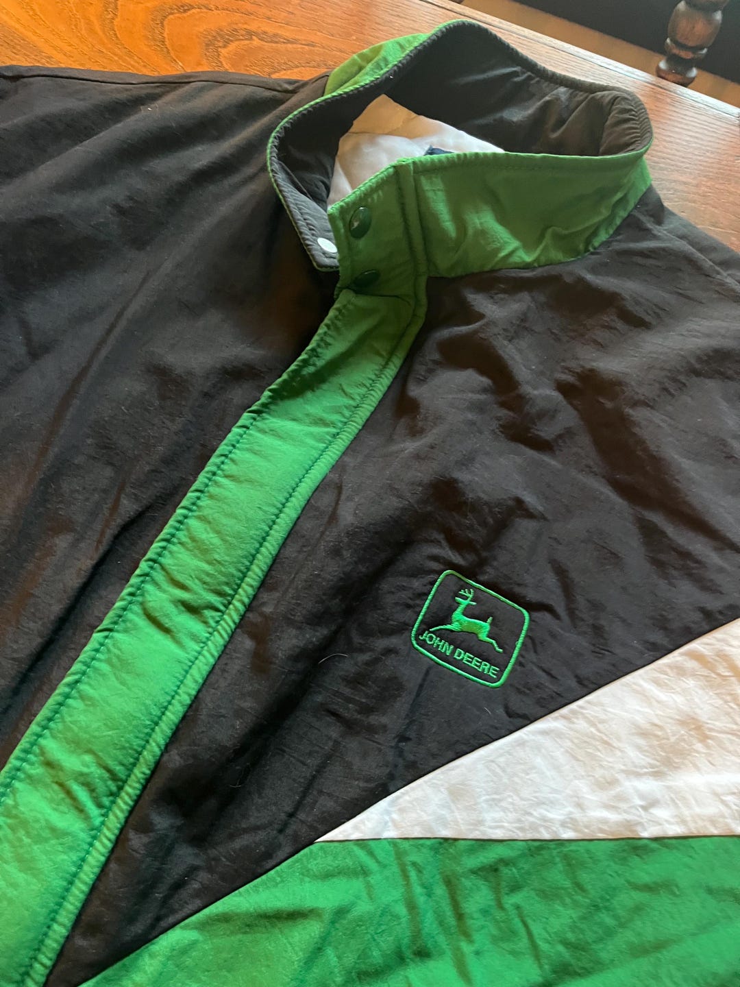 Veste vintage homme Swingster John Deere taille L noir jaune snap satin