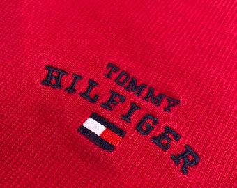Vintage Tommy Hilfiger Long Sleeve Polo Shirt Size Medium Red White Blue Flag Logo
