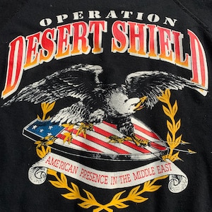 Vintage Operation Desert Shield Crewneck Sweatshirt Large Quality Printed Graphics Bright Colors Military Army Marines Middle East Iraq War