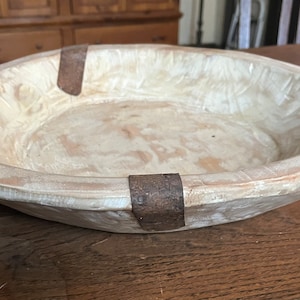 Vintage Large Round Hand Carved Wooden Whitewashed Dough Bowl Dimensions  15” wide X 4” deep Rusted patches