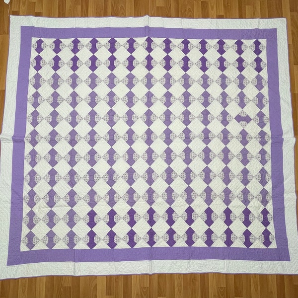 Vintage Bowtie Pattern Purple Lavender Handmade Hand Stitched Quilt 80 X 90