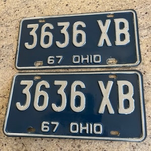 Vintage 1967 Pair of Ohio License Plates Embossed Blue & White 3636 XB