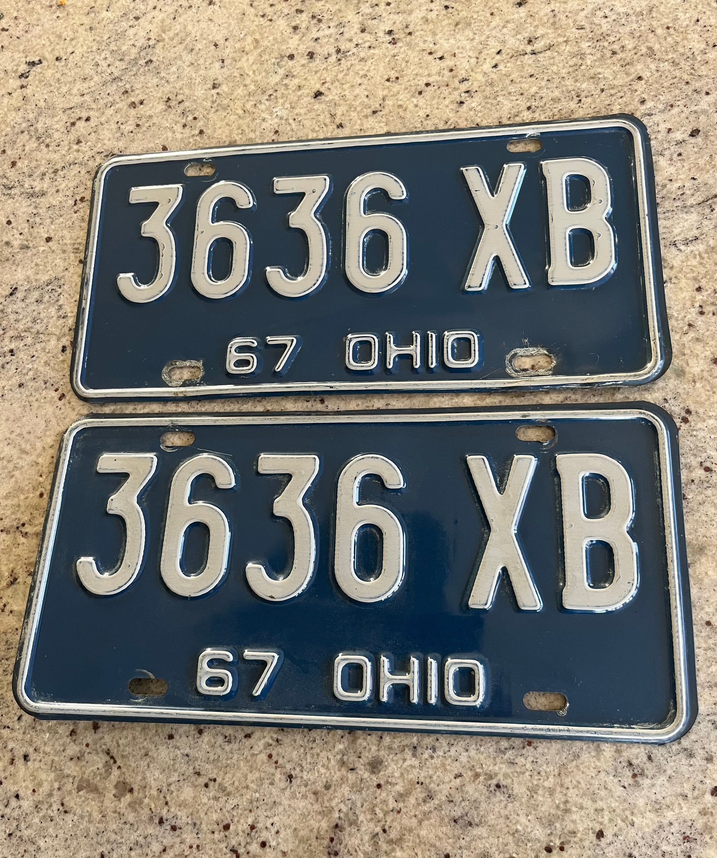 Vintage 1967 Pair of Ohio License Plates Embossed Blue & White