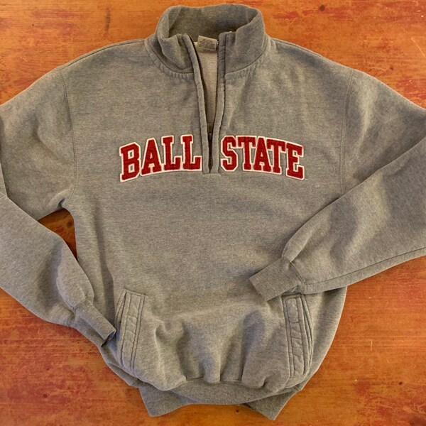 Vintage Ball State University 1/4 Zip Pullover Sweatshirt Size Small * Quality Embroidered Letters EUC Excellent Condition Classic Gray