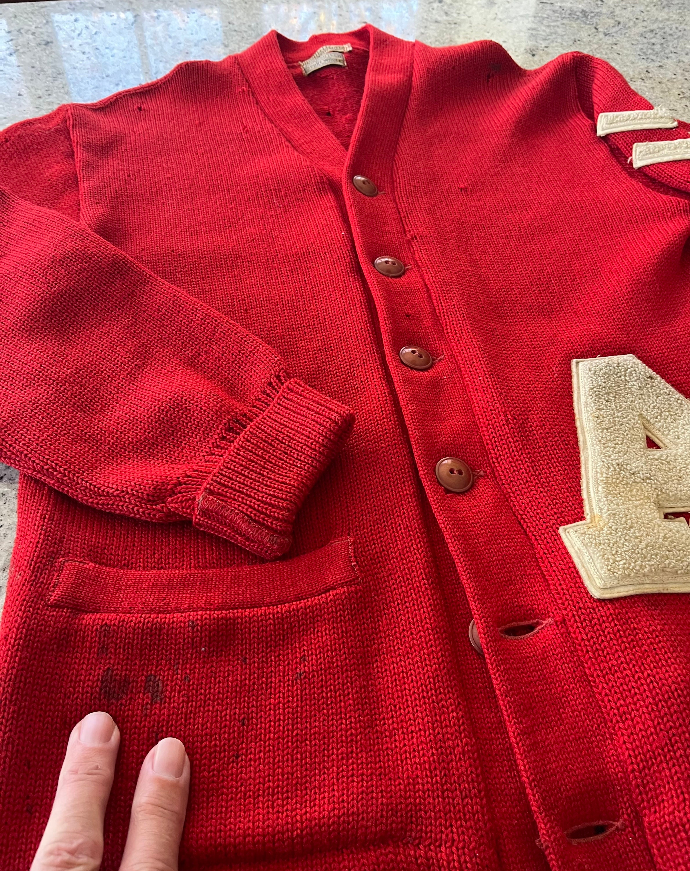 Vintage 1940s 1950s High School Letter Sweater Cardigan A Red 