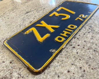 Vintage 1972 Ohio License Plate Blue & Yellow Embossed ZX 37