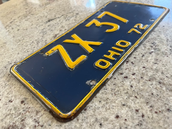 Vintage 1972 Ohio License Plate Blue & Yellow Embossed ZX 37 Nice