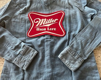 Vintage Miller High Life Beer Denim Shirt Size Medium Quality Embroidered Patches on Both Sides