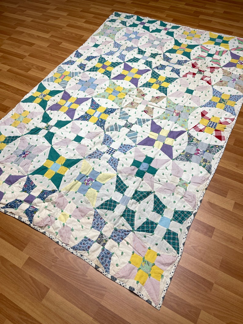 Vintage Handmade Rob Peter to Pay Paul Quilt Cool Blues Greens and