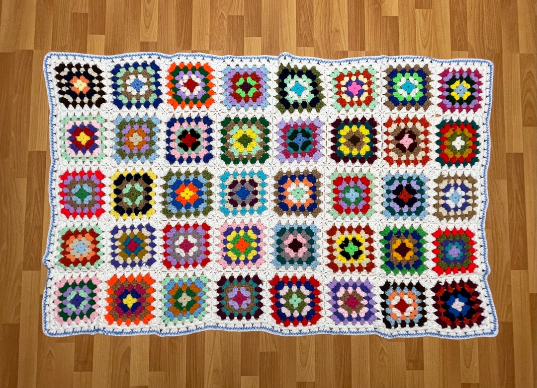 Vintage Granny Squares Afghan With Manycolored Square Pattern 38 X 62 Inches Etsy