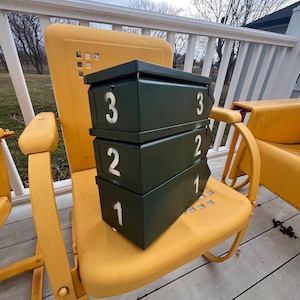 Op de afbeelding: Drie donkergroene metalen dozen op elkaar gestapeld, elk met een wit nummer. De dozen staan op een gele metalen stoel. De nummers op de dozen zijn 1, 2 en 3.