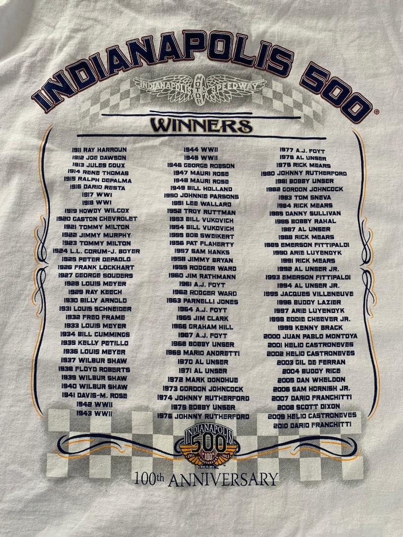 Indy 500 IMS 100th Anniversary T Shirt Indianapolis Motor Speedway Size 2XL