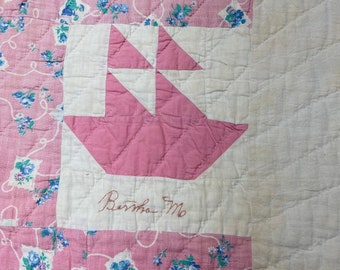 Antique Hand Made Sail Away Quilt 72 X 72 Pink White Blue Sail Boats