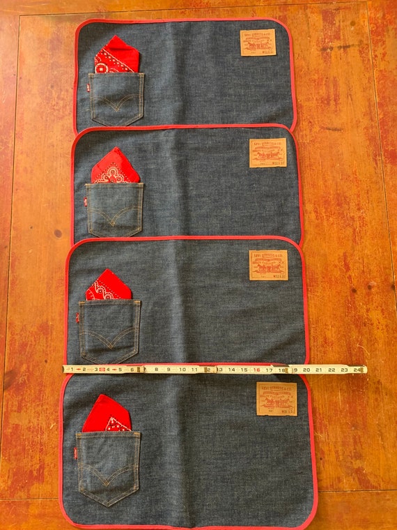 Vintage LEVIS Blue Jeans Big E 501 Placemats Red Bandanas Vintage LEVIS Blue Jeans Big E 501 Placemats Red Bandanas