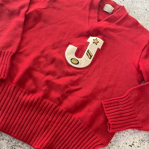 Vintage 60s Rojo High School Lana Carta Suéter J Talla 44 Capitán Estrella de Fútbol Grande