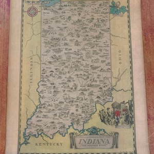 Könnte beinhalten: Eine antike Karte von Indiana, dem "Hoosier State", mit einer detaillierten Illustration der Geographie und Städte des Bundesstaates. Die Karte ist auf gealtertem Papier mit cremefarbenem Hintergrund gedruckt und hat einen dekorativen Rand.