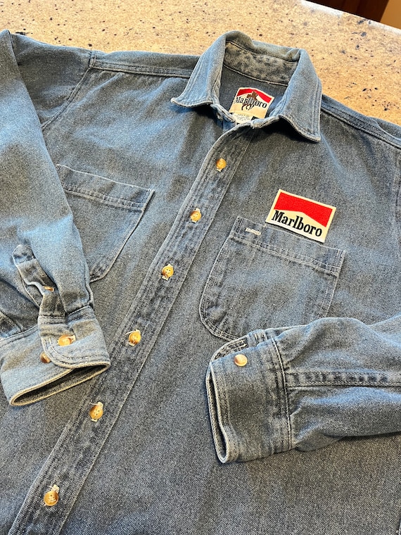 Vintage 90s Marlboro Denim Shirt Size Medium Made in USA Rare