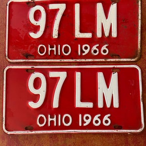 Vintage 1966 Pair of  State of Ohio License Plates Matching 97 LM White on Red