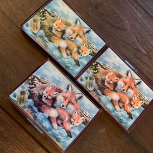 Könnte beinhalten: Drei Schachteln mit Weihnachtskarten, die eine Mutterfüchsin und zwei Junge zeigen, die sich in einer verschneiten Waldlandschaft aneinanderkuscheln. Die Karten sind mit einem roten Rand und einem goldenen Foliendekor verziert. Der Text auf der Schachtel lautet "Designed Envelopes".