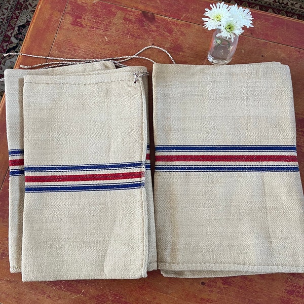 Vintage Lot of 2 European Grain Sacks Red & Blue Stripes  53 x 20 inches each